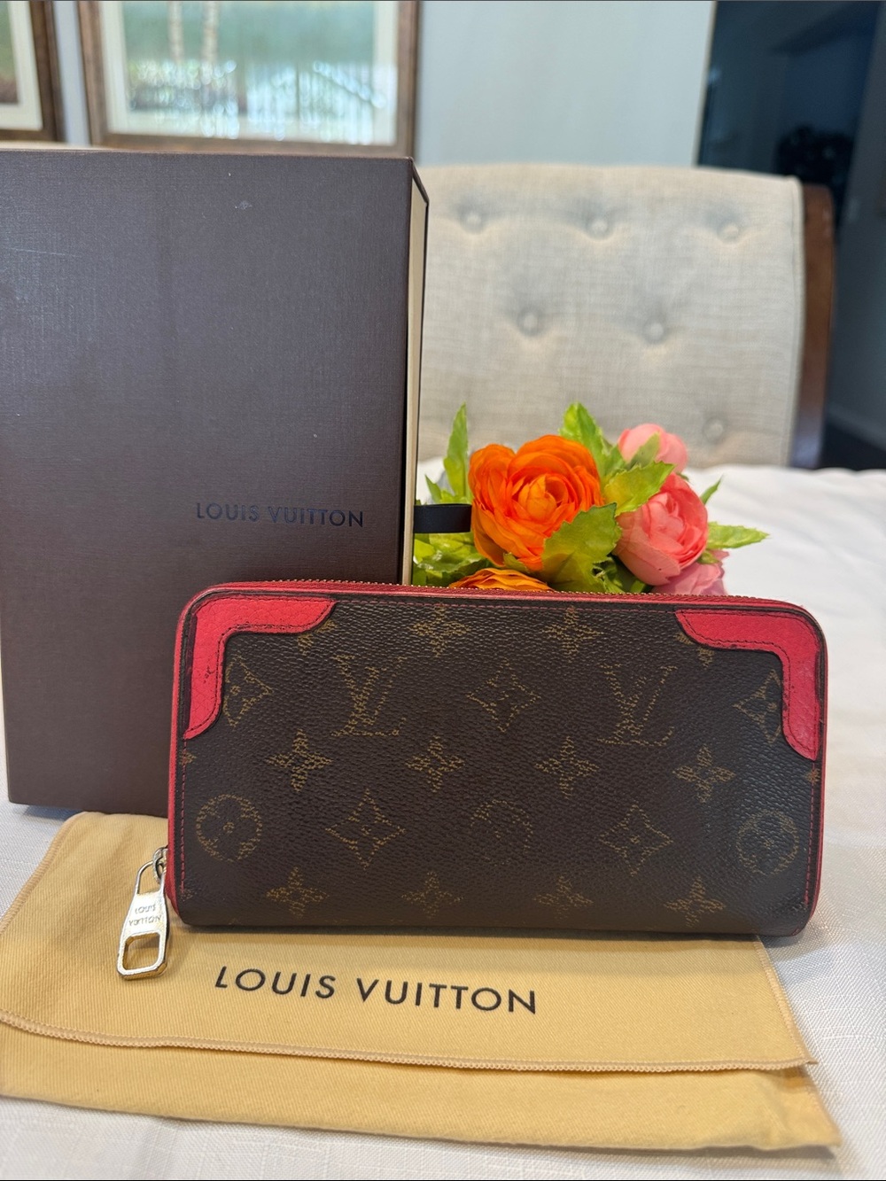 Authentic Louis Vuitton Monogram Zip Wallet with Red Trim